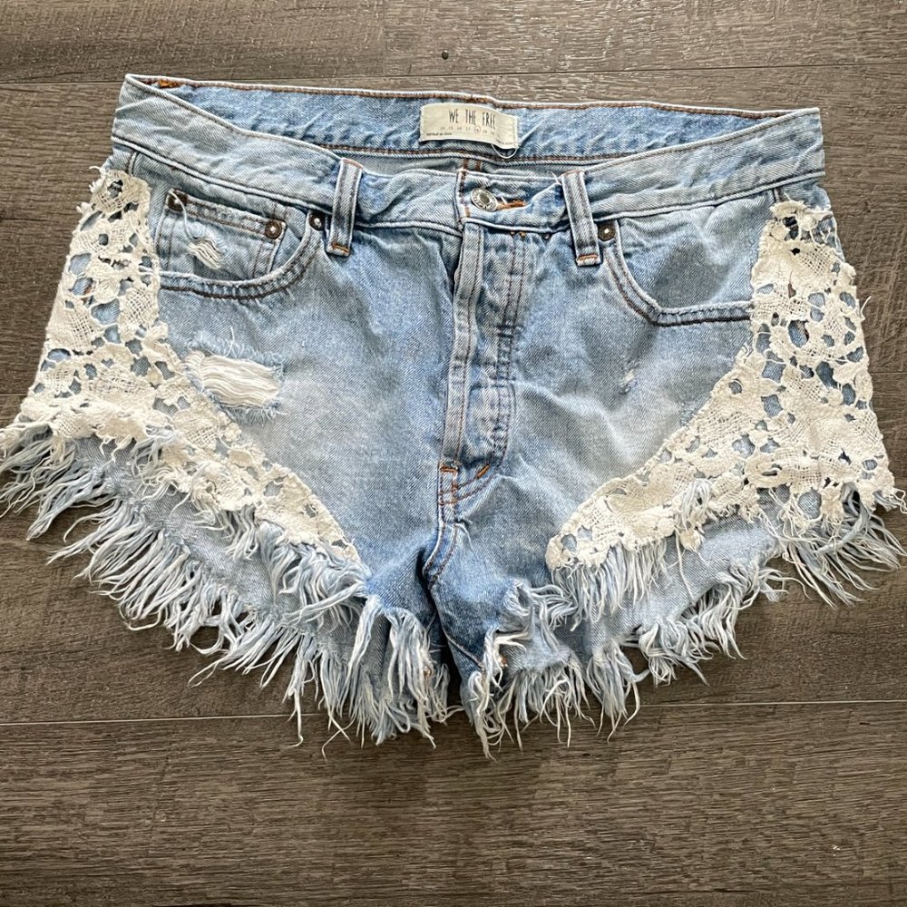 Free People Good Vibes Light Wash Distressed Lace Denim Shorts